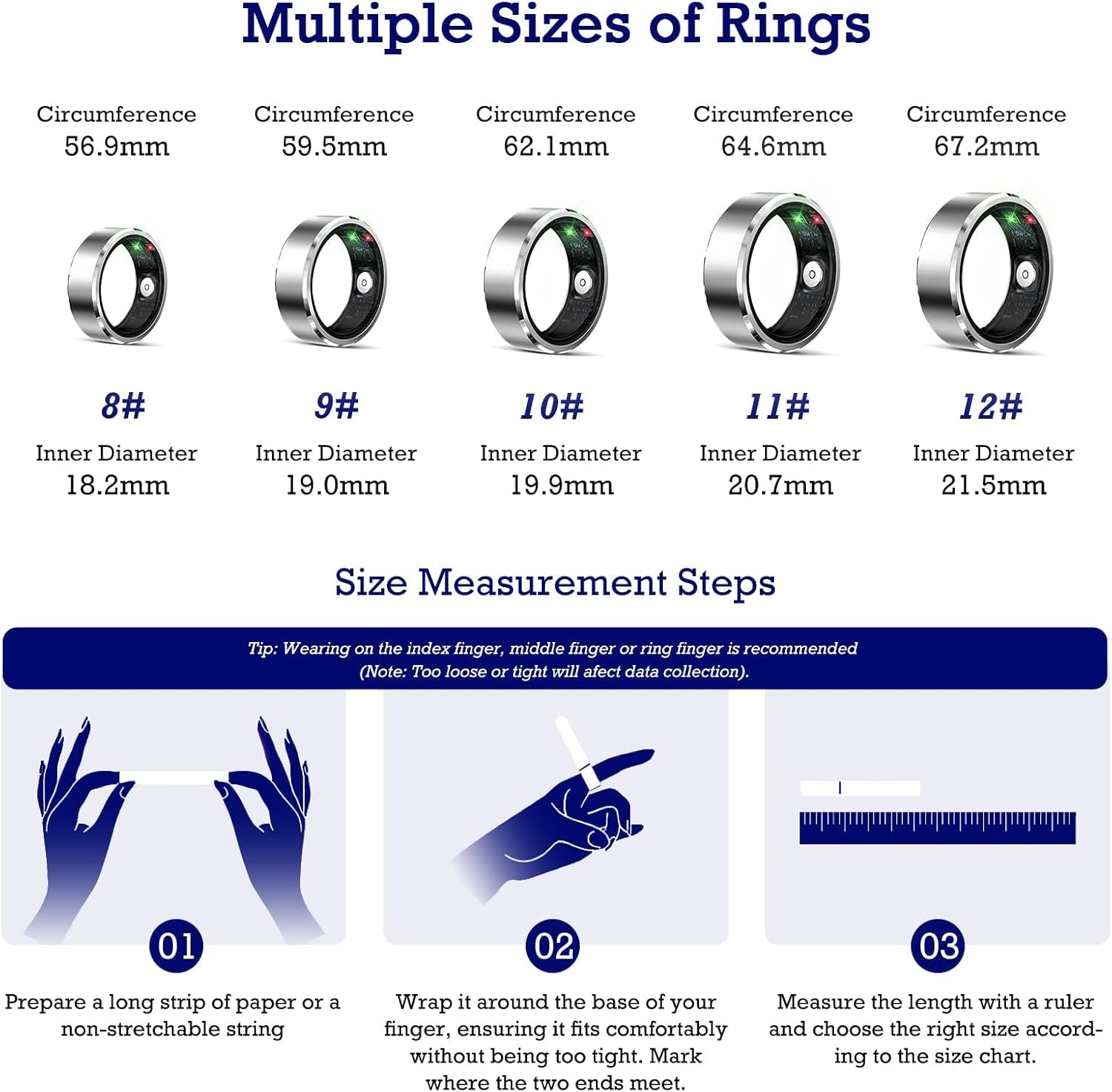 Smart Ring Health Tracker, Sleep Tracker Ring with Heart Rate, Waterproof Fitness Ring for Activity Monitoring/Steps/Distance/Calories,Air Gestures,Up to 7-Day Battery,For Ios Android(Light Silver#10)
